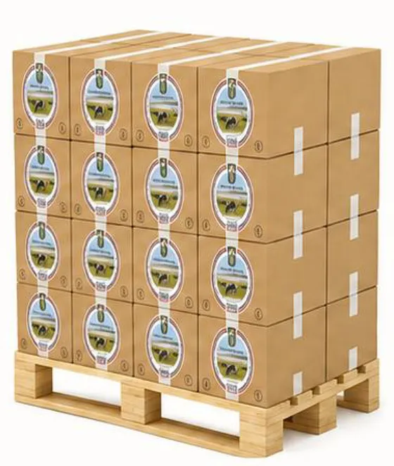 A full EU pallet stacked with sealed cardboard cartons of Sultan Cheese, wrapped and strapped ready for shipping